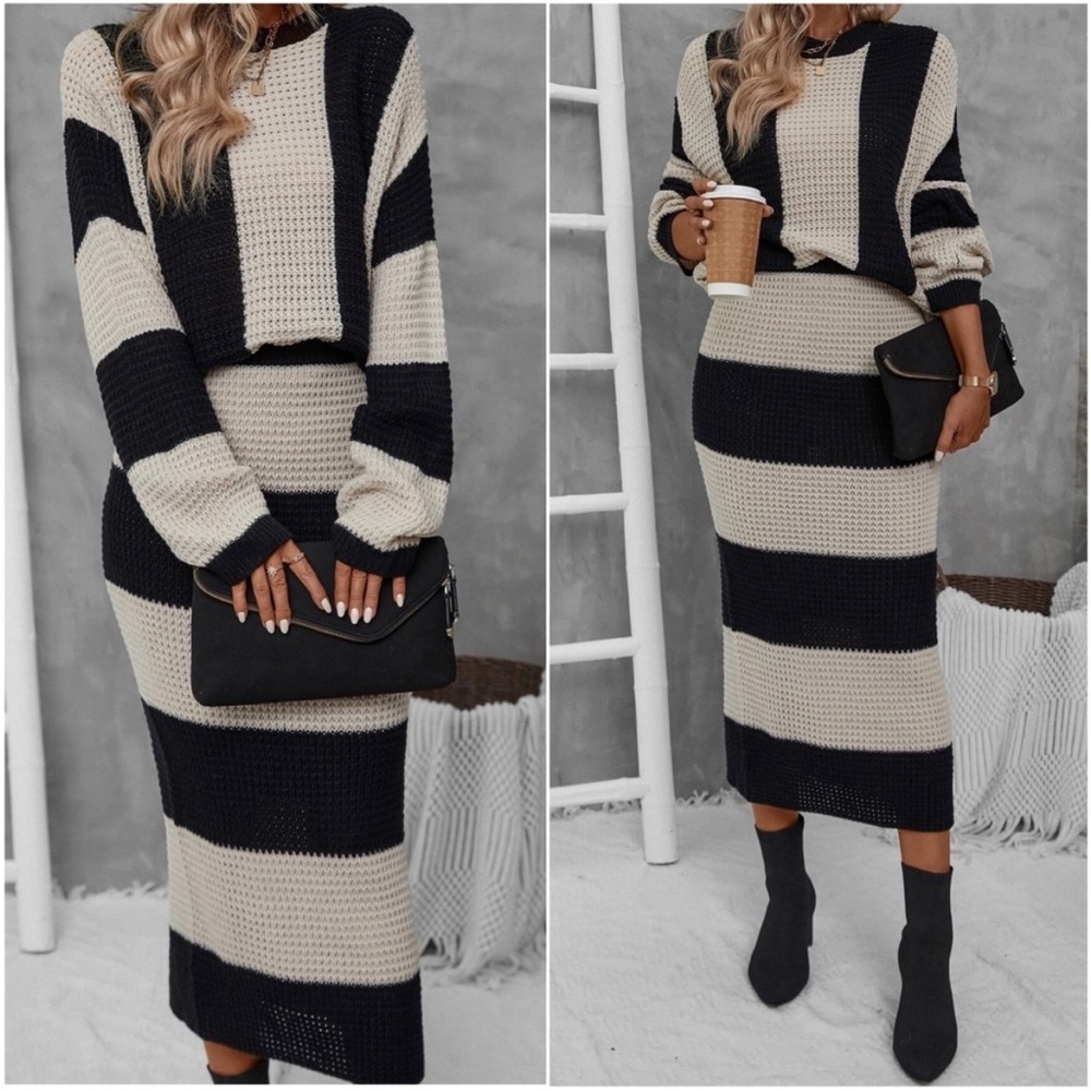 Luxe Color Block Knit Sweater Midi Skirt Set XS S M L XL